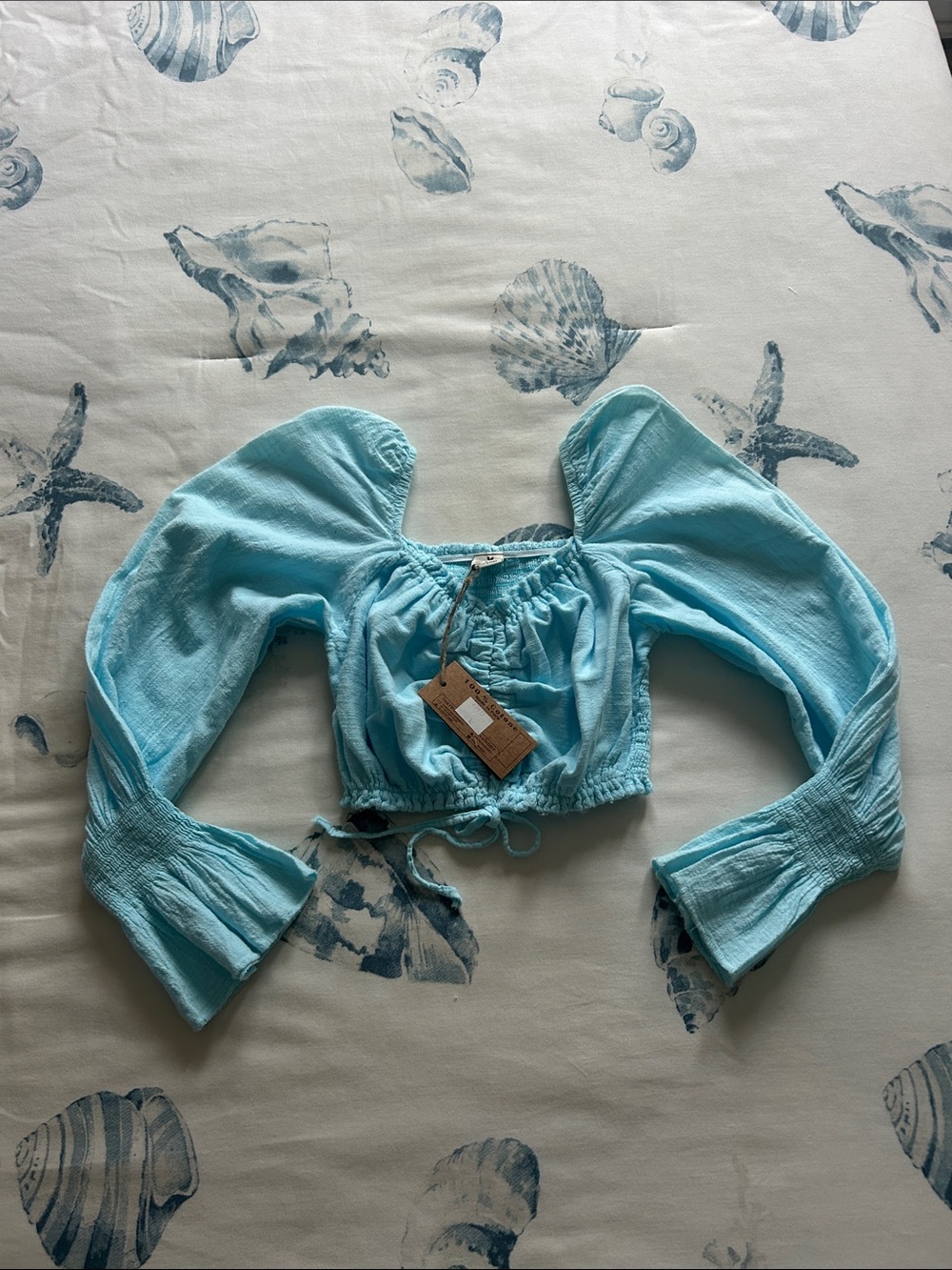 Blanco Aqua Blue Cotton Tie-Front Crop Top